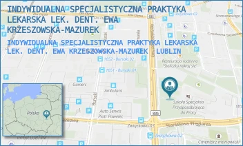 INDYWIDUALNA SPECJALISTYCZNA PRAKTYKA LEKARSKA LEK. DENT. EWA KRZESZOWSKA-MAZUREK - INDYWIDUALNA SPECJALISTYCZNA PRAKTYKA LEKARSKA LEK. DENT. EWA KRZESZOWSKA-MAZUREK - SPÓŁDZIELCZOŚCI PRACY 65,  LUBLIN