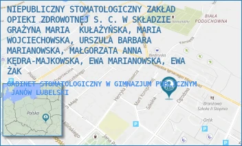 GABINET STOMATOLOGICZNY W GIMNAZJUM PUBLICZNYM - NIEPUBLICZNY STOMATOLOGICZNY ZAKŁAD OPIEKI ZDROWOTNEJ S. C. W SKŁADZIE GRAŻYNA MARIA  KUŁAŻYŃSKA, MARIA WOJCIECHOWSKA, URSZULA BARBARA MARIANOWSKA, MAŁGORZATA ANNA KĘDRA-MAJKOWSKA, EWA MARIANOWSKA, EWA ŻAK - OGRODOWA 25,  JANÓW LUBELSKI