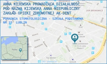 PORADNIA STOMATOLOGICZNA - SZKOŁA PODSTAWOWA NR 15 - ANNA KIJEWSKA PROWADZĄCA DZIAŁALNOŚĆ POD NAZWĄ KIJEWSKA ANNA NIEPUBLICZNY ZAKŁAD OPIEKI ZDROWOTNEJ AK-DENT - ELEKTRYCZNA 51,  LUBLIN