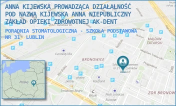 PORADNIA STOMATOLOGICZNA - SZKOŁA PODSTAWOWA NR 31 - ANNA KIJEWSKA PROWADZĄCA DZIAŁALNOŚĆ POD NAZWĄ KIJEWSKA ANNA NIEPUBLICZNY ZAKŁAD OPIEKI ZDROWOTNEJ AK-DENT - LOTNICZA 1,  LUBLIN