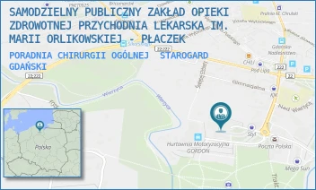 PORADNIA CHIRURGII OGÓLNEJ - SAMODZIELNY PUBLICZNY ZAKŁAD OPIEKI ZDROWOTNEJ PRZYCHODNIA LEKARSKA IM. MARII ORLIKOWSKIEJ - PŁACZEK - UL. GEN. JÓZEFA HALLERA 21,  STAROGARD GDAŃSKI