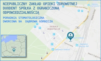 PORADNIA STOMATOLOGICZNA
DWORCOWA 9A - NIEPUBLICZNY ZAKŁAD OPIEKI ZDROWOTNEJ DUODENT SPÓŁKA Z OGRANICZONĄ ODPOWIEDZIALNOŚCIĄ - UL. DWORCOWA 9A,  DĄBROWA GÓRNICZA
