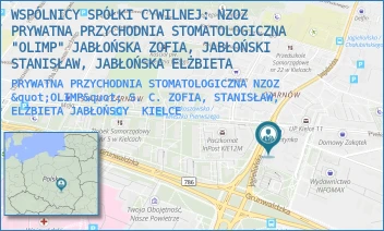 PRYWATNA PRZYCHODNIA STOMATOLOGICZNA NZOZ "OLIMP" S. C. ZOFIA, STANISŁAW, ELŻBIETA JABŁOŃSCY - WSPÓLNICY SPÓŁKI CYWILNEJ: NZOZ PRYWATNA PRZYCHODNIA STOMATOLOGICZNA "OLIMP" JABŁOŃSKA ZOFIA, JABŁOŃSKI STANISŁAW, JABŁOŃSKA ELŻBIETA - JAGIELLOŃSKA 67,  KIELCE