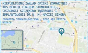 PORADNIA STOMATOLOGICZNA - NZOZ ARS MEDICA - NIEPUBLICZNY ZAKŁAD OPIEKI ZDROWOTNEJ ARS MEDICA CENTRUM STOMATOLOGII, CHIRURGII SZCZĘKOWO-TWARZOWEJ I IMPLANTOLOGII DR N. M. MACIEJ SIKORA - ZAGÓRSKA 20/12,15,16,  KIELCE